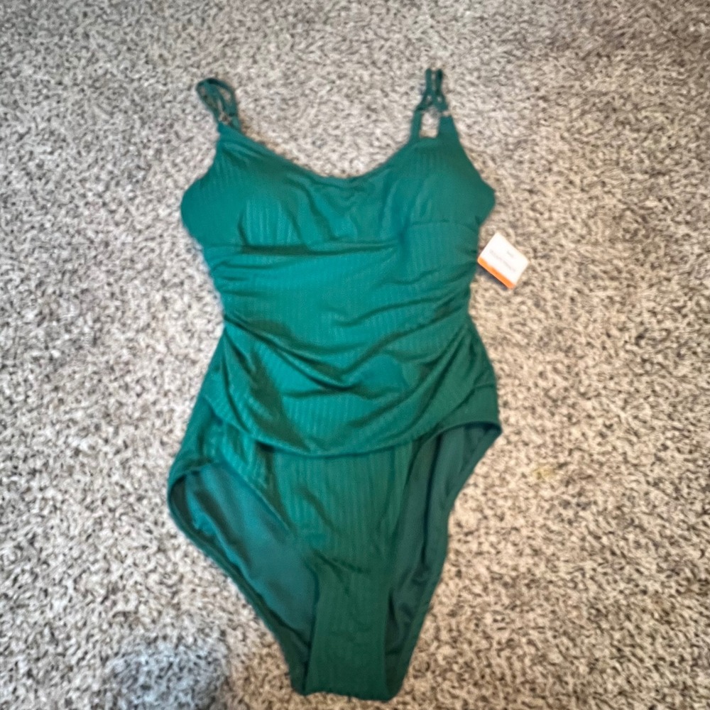 Ellen Tracy Womens XXL Emerald Green‎ Ribbed Ruched One Piece Swimsuit NWT